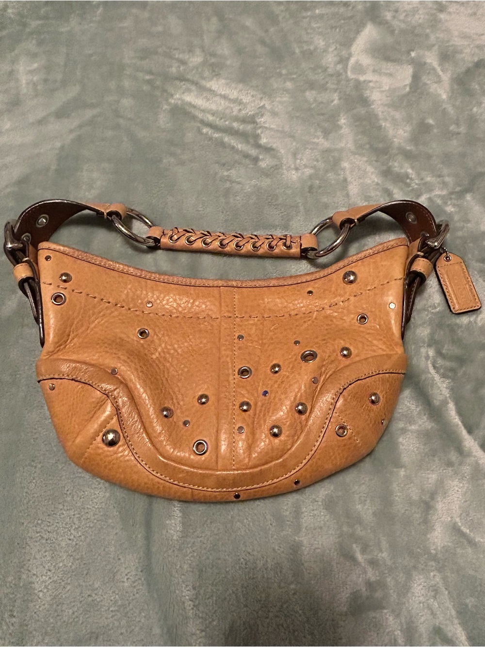 Coach Tan Leather Studded Shoulder Bag with Braided Handle